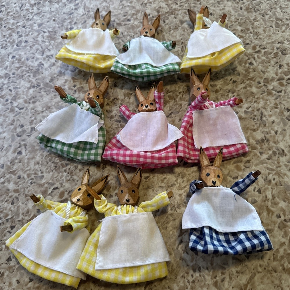 Lot Of 9 Vintage Pier 1 Wooden Easter Bunny Figurines Wire Movable Arms Gingham